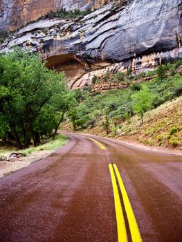Winding wet red road in Zion Canyon