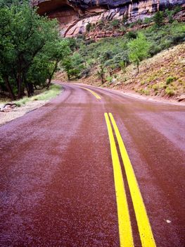 Red road through Zion Canyon at Zion National Park