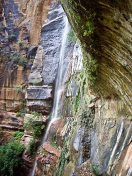 Colorful striated rock at waterfall Zion National Park