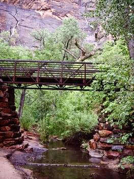 Metal bridge over river at Zion National Park