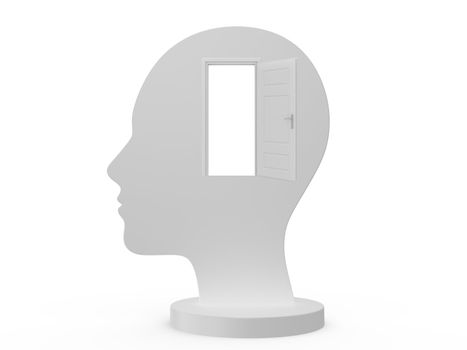 Concept of the head and white opened door to mind on isolated white background.