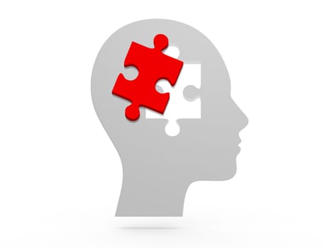 Puzzle piece on head, isolated on white.