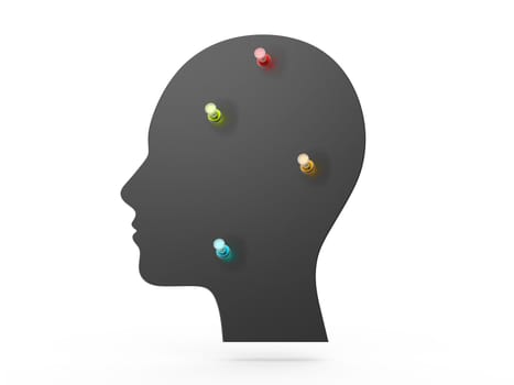Colorful pins on head, isolated on white.