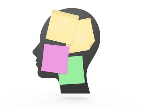 Colorful sticky notes on dark head, isolated on white.
