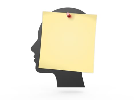 Yellow sticky note with red pin on dark head, isolated on white.