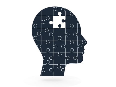 Missing puzzle piece on head, isolated on white.