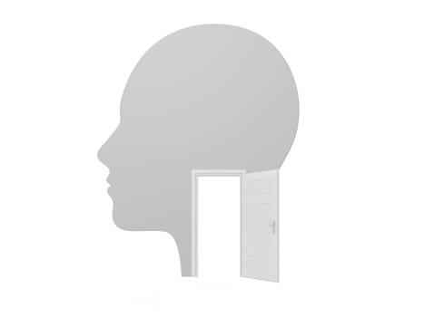 Concept of the head and white opened door on isolated white background.