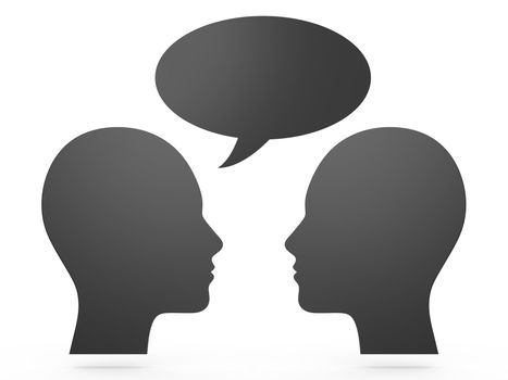 Couple discuss, one talks with speech bubble, other one listens, isolated on white.