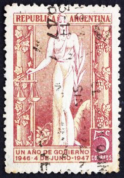 ARGENTINA - CIRCA 1947: a stamp printed in the Argentina shows Justice, 1st Anniversary of the Peron Government, circa 1947
