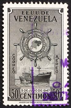 VENEZUELA - CIRCA 1949: a stamp printed in the Venezuela shows Ship, M. S. Republica de Venezuela, circa 1949