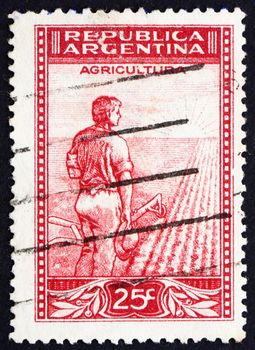 ARGENTINA - CIRCA 1936: a stamp printed in the Argentina shows Farmer Plowing, Agriculture, circa 1936