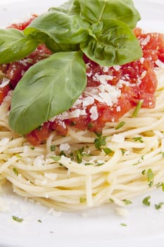 tatsty fresh spaghetti with tomato sauce and parmesan isolated on white background