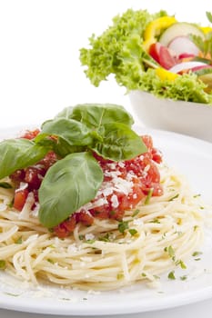 tatsty fresh spaghetti with tomato sauce and parmesan isolated on white background