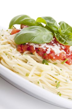 tatsty fresh spaghetti with tomato sauce and parmesan isolated on white background