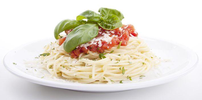 tatsty fresh spaghetti with tomato sauce and parmesan isolated on white background