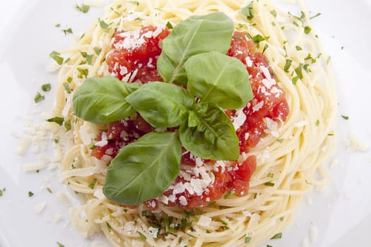 tatsty fresh spaghetti with tomato sauce and parmesan isolated on white background