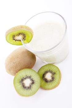 fresh delicious kiwi yoghurt shake cream isolated on white background