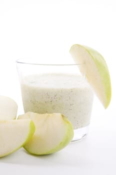 fresh green apple yoghurt shake isolated on white background