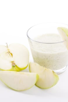 fresh green apple yoghurt shake isolated on white background