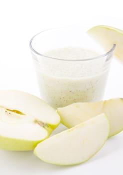 fresh green apple yoghurt shake isolated on white background