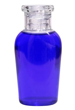 Small bottle full of blue liquid isolated on white background