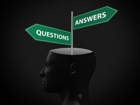 Questions and answers arrow signs in head on dark background.