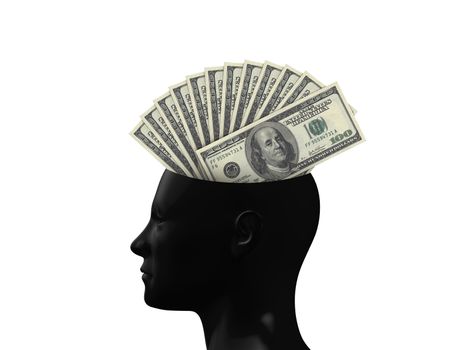 Money concept in human head on white background.