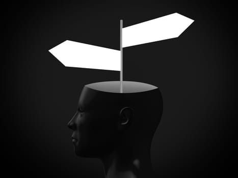 Blank crossword arrow signs in head on dark background.