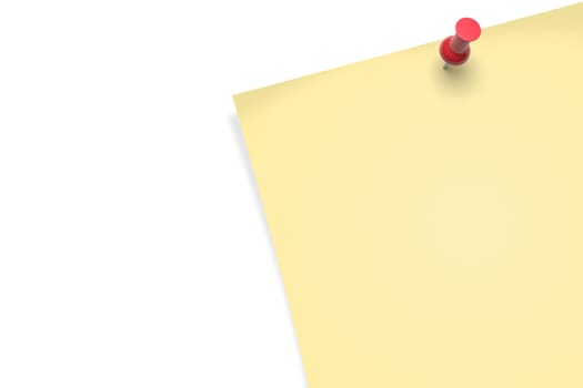 Close up yellow and realistic sticky note with shadow and pin on white background.