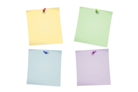 Colorful and realistic sticky notes and pins on isolated white background.