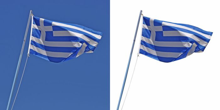 vibrant greek flag against blue sky and isolated on white background