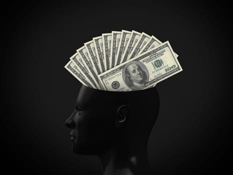 Money concept in human head on dark background.