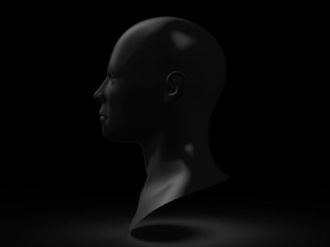 Dark head sculpture on profile on dark background.