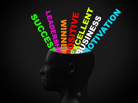 Head is thinking about success, motivation and business on dark background.