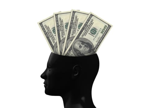 Money concept in human head on white background.