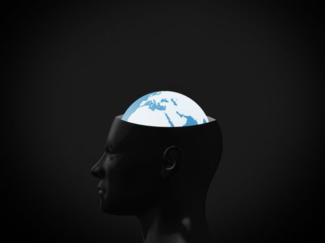 Global thinking concept. Head on dark background.