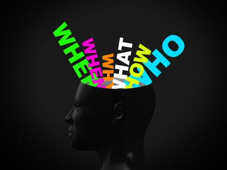 Head is thinking about questions on dark background.