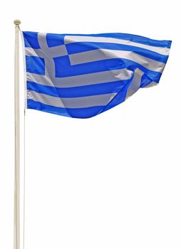 vibrant greek flag on a white pole isolated on white background