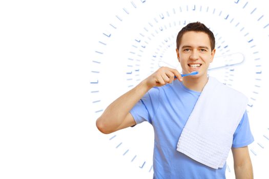 Young man in blue shirt brushing his teeth