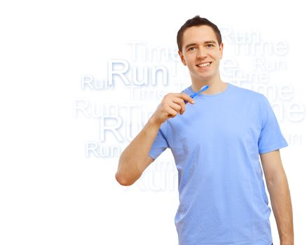 Young man in blue shirt brushing his teeth