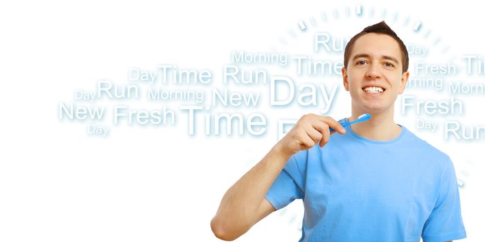 Young man in blue shirt brushing his teeth