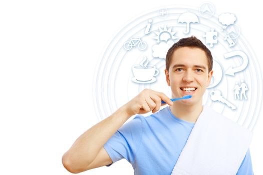 Young man in blue shirt brushing his teeth