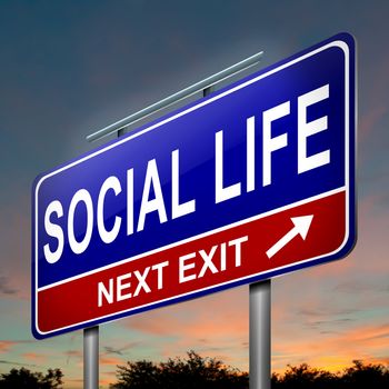 Illustration depicting an illuminated roadsign with a social life concept. Dark sunset background.