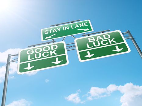 Illustration depicting a roadsign with a good luck concept. Blue sky background.