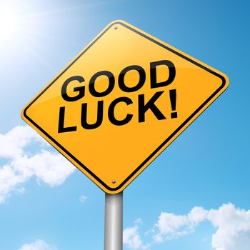 Illustration depicting a roadsign with a good luck concept. Blue sky background.