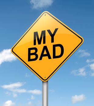 Illustration depicting a roadsign with a 'my bad' concept. Blue sky background.