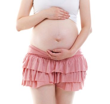 Young mother holding her stomach over white background