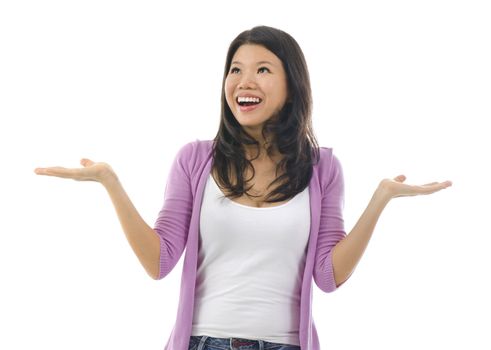 Happy Asian woman open her arms with surprising face over white background