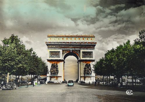 vintage postcard of Paris with Arc de triumph