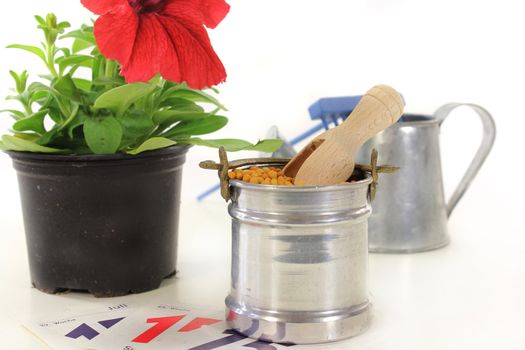 a bucket of slow release fertilizer in front of white background